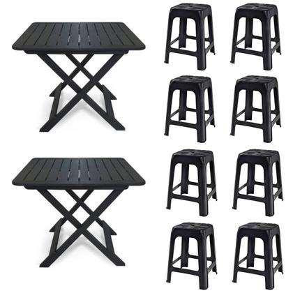Imagem de 2 Mesas Quadradas Dobráveis 80x72cm Preta + 8 Banquetas Empilháveis