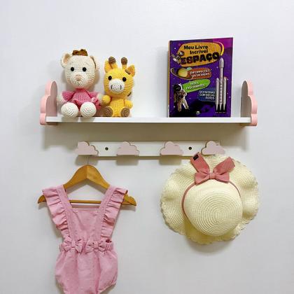 Imagem de 2 Prateleiras nuvem rosa 60cm e 2 cabideiros formas infantil