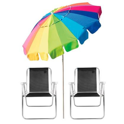 Imagem de 2x Cadeira Bel Alta LAZY Alumínio Sannet Preto + Guarda-Sol FPS 100 Em Alumínio 2,20m Poliéster Com Silvercoating Grande