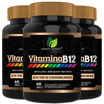 Imagem de 3 Potes Vitamina B12 Alto Teor Concentrado Kit 180 Cáps - Fonte Verde