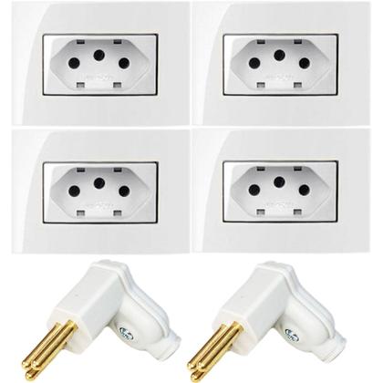 Imagem de 4 Tomada Movel Embutir 3 Pinos 10a Branco + 2 Plug Macho 3 Pinos 10a 90 Graus