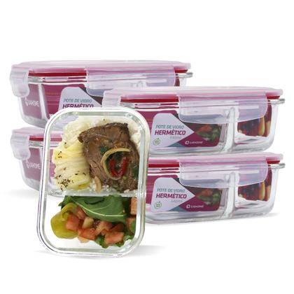 Imagem de 5 Potes Vidro Retangular Marmita Com Divisória 640ml Vedação