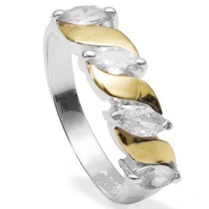 Imagem de Anel Meia Aliança Em Prata Zircônias e Aplique em Ouro 14 K