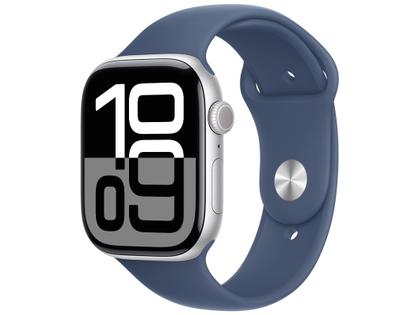 Imagem de Apple Watch Series 10 GPS Caixa Prateada de Alumínio 46mm Pulseira Loop Esportiva Nuvem Azul