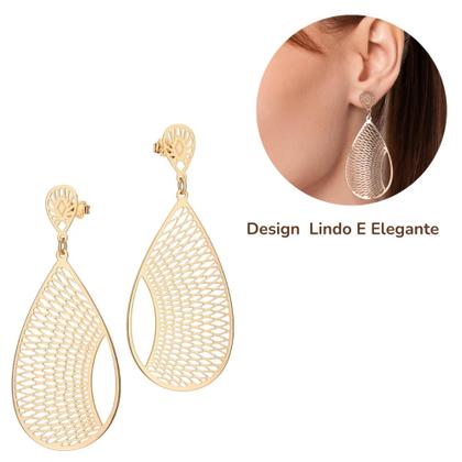 Imagem de Argola Grande Rommanel Trabalhada Banhada A Ouro 18k Formato De Gota Pêndulo