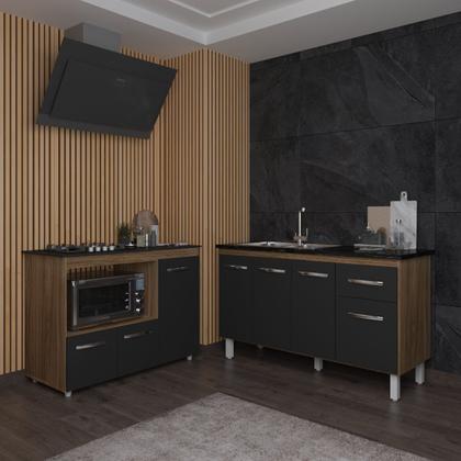 Imagem de Armário Camila Cozinha Gabinete de Pia 140 cm e Balcão para Cooktop 4 Bocas e Forno ou Microondas Alana Savana Preto