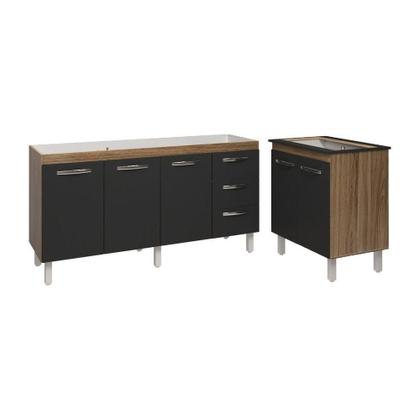 Imagem de Armário Cozinha Balcão Gabinete De Pia 160 Cm Estela E Balcão Fran Para Fogão Cooktop 5 Bocas Savana Preto