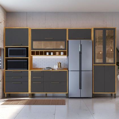 Imagem de Armário de Cozinha Modulada com Balcão e Tampo 11 Portas 5 Gavetas ágata 100% Mdf Vidro Reflecta Amêndoa/Chumbo - Pnr Móveis