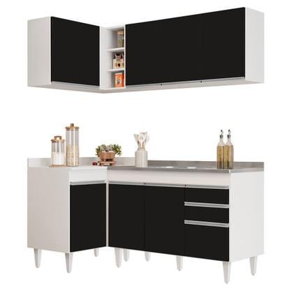 Imagem de Armário de Cozinha Modulado de Canto Direito 4 Peças CP39 com Pia Inox Branco/Preto - Lumil