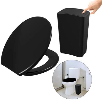 Imagem de Assento Vaso Oval Soft Preto + Lixeira Preta 8L Tampa Click
