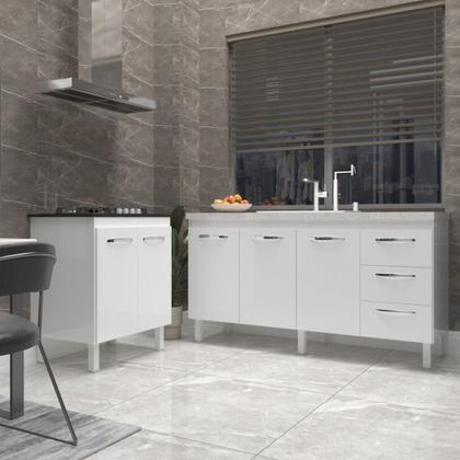 Imagem de Balcão Cozinha Gabinete Para Pia 138 cm Carine e Balcão Para Cooktop 4 Bocas Fran Branco