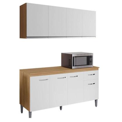 Imagem de Balcão De Cozinha Gabriela Com Tampo 150cm E Armário Aéreo Andréia Amêndoa Branco - Ajl