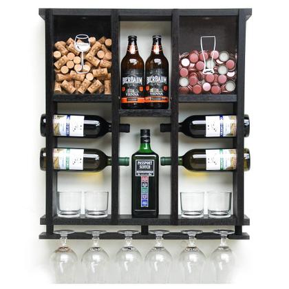 Imagem de Barzinho de Parede Adega de Madeira para 7 Garrafas com Porta Rolhas, Tampinhas e Taças - Nogueira