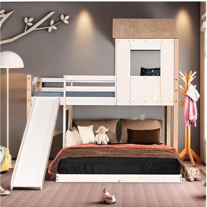 Imagem de Beliche Casal Montessoriano Family com Escorregador Natural/Branco - Casatema