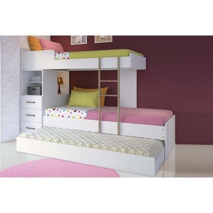 Imagem de Beliche Multifuncional Plus c/ 3 Gavetas c/ Auxiliar Branco - Santos Andirá