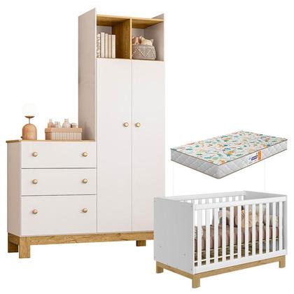 Imagem de Berço Americano 4315 Mini Cama e Guarda Roupa com Cômoda Q Encanto Slim 4970 Branco Acetinado com Colchão Gazin  Qmovi