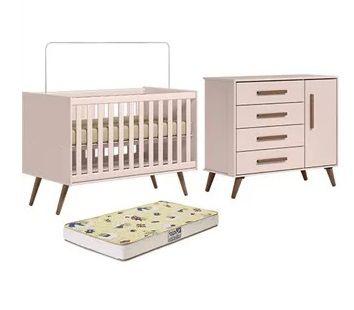 Imagem de Berço Mini Cama 3820 com Colchão e Cômoda 3825 Retrô Rosa Qmovi