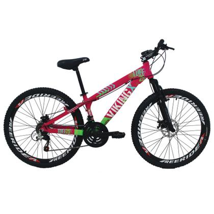 Imagem de Bicicleta Viking X TUFF25 Freeride Aro 26 Freio a Disco 21 Velocidades Cambios Shimano Rosa Verde Vikingx