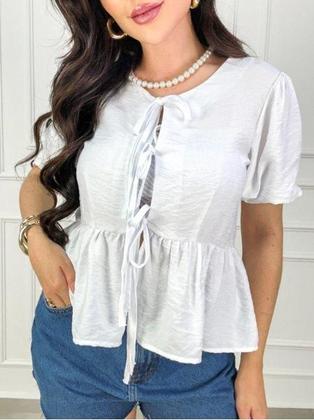 Imagem de Blusa Bata Laço Feminina Amarração Frontal Crepe Duna Off White Tendência Verão