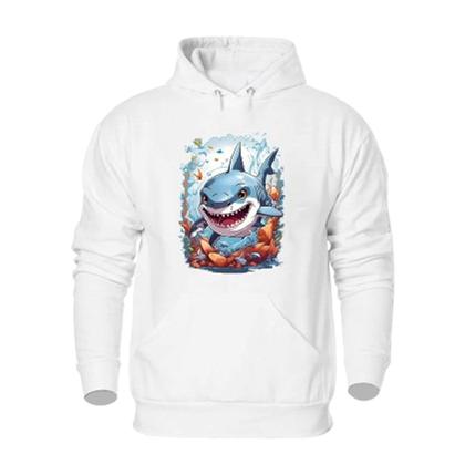 Imagem de Blusa de Moletom Plus Size Bolso Canguru Com Capuz Flanelada Quente Inverno Estampa Tubarão