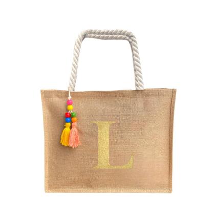 Imagem de Bolsa De Praia Juta Personalizada Com Letra Inicial Dourada