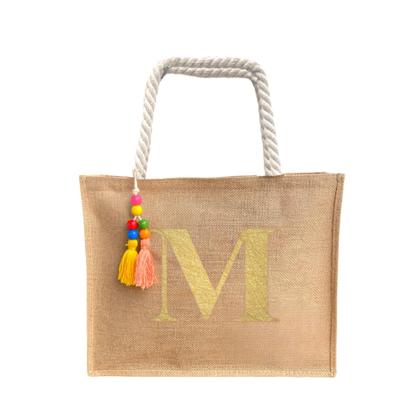 Imagem de Bolsa De Praia Juta Personalizada Com Letra Inicial Dourada
