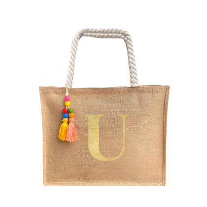 Imagem de Bolsa De Praia Juta Personalizada Com Letra Inicial Dourada