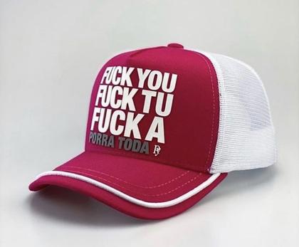 Imagem de Bone preto fuck you fuck tu aba curva trucker com redinha original puple yellow