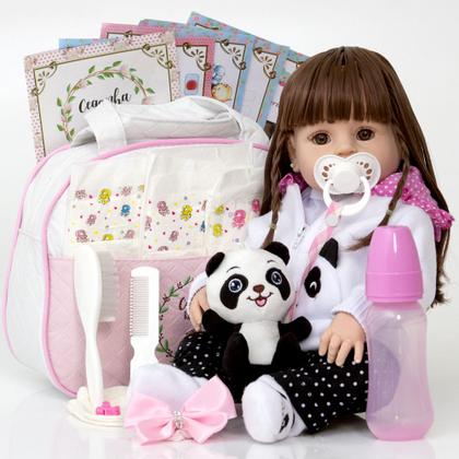 Imagem de Boneca Bebê Reborn Panda Cabelo Longo Itens + Bolsa Enxoval