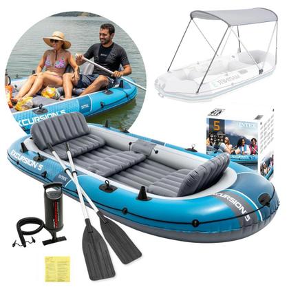Imagem de Bote Inflável Barco Excursion 5 Pessoas Azul com Capota Remos e Bomba Intex