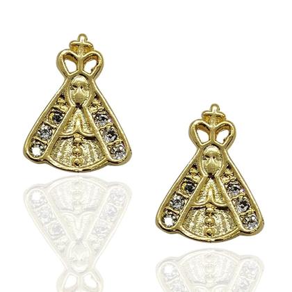 Imagem de Brinco Pequeno Nossa Senhora com Strass Folheado a Ouro 18K Dourado e Grafite