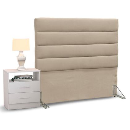 Imagem de Cabeceira Cama Box Solteiro 90cm Greta Suede Bege e 1 Criado Branco - Mpozenato