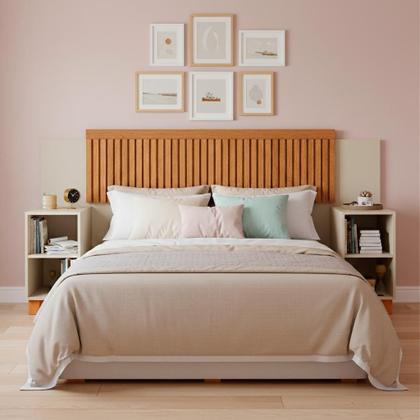 Imagem de Cabeceira Ripada Modular para cama Casal, Queen com Mesas de Cabeceira