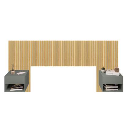 Imagem de Cabeceira Ripado MDF Adesiva com 2 Mesas de Cabeceira Suspensa Sofia 1 Gaveta e Nicho Cama Casal Queen e King LH Móveis