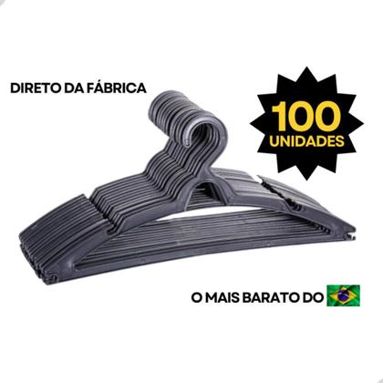 Imagem de Cabide Adulto Preto kit 100 Cabides Reforçado Organizar Roupas