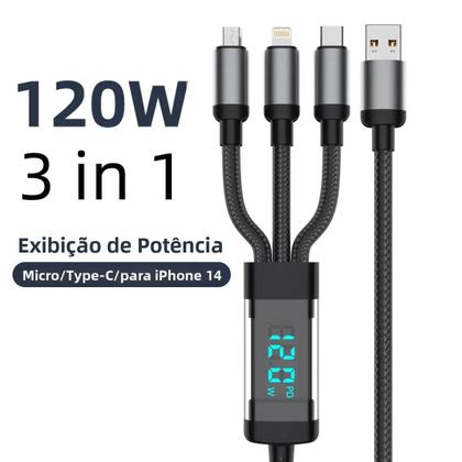 Imagem de Cabo USB Tipo C 3 Em 1 Com Carregamento Rápido De 120W E Display LCD Para iPhone 14, Galaxy S24