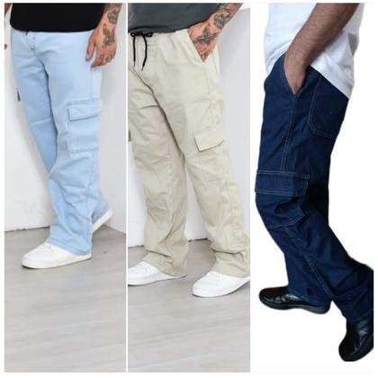 Imagem de CALÇA CARGO MASCULINA COM ELASTANO E CORDÃO NA CINTURA BEGE,JEANS CLARO Escuro ,