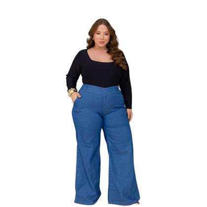 Imagem de Calça jeans Feminina Wide Leg Plus Size com lycra Cintura Alta