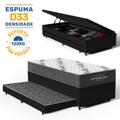 Imagem de Cama Box Baú com Colchão de Espuma D33 Ortobom Airtech 100 + Auxiliar Unique Solteiro 88cm
