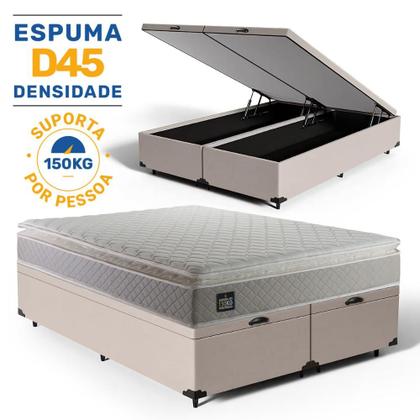 Imagem de Cama Box Baú Queen + Colchão Strong D45 One Face Bege 158x198x66cm - Suporta até 150Kg Por Pessoa