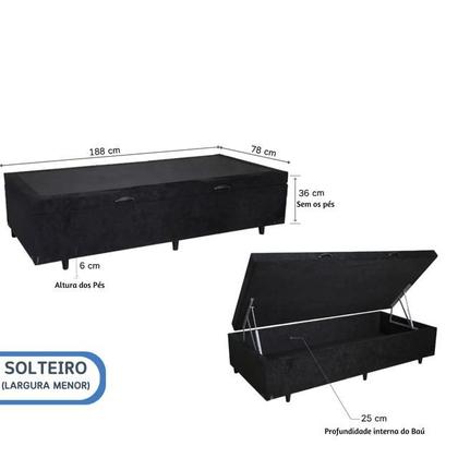Imagem de Cama Box Baú Solteiro Blindado 78x188x42 Suede  Alta Resistência e Grande Espaço Interno  Ideal para Quartos Pequenos