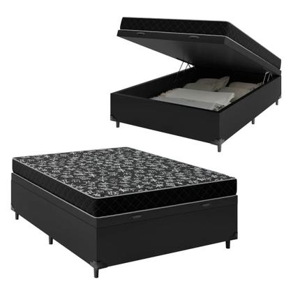 Imagem de Cama Box Baú Viúva 128 Tecido Sintético Preto Com Colchão Espuma D20  Tampo Preto Bello Box 12cm
