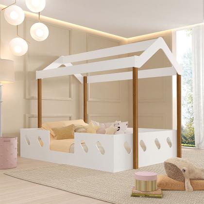 Imagem de Cama Casal Premium Infantil Casinha Montessoriana Mdf Isa Branca e Mel