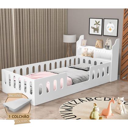 Imagem de Cama Infantil Montessoriana Criança Helo Solteiro com Colchão + Nicho e Led Branca