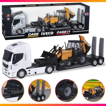 Imagem de Caminhão Brinquedo Iveco Plataforma c/ Retroescavadeira Case Brinquedo Menino
