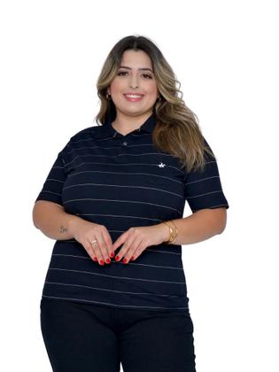 Imagem de Camisa Feminina Gola Polo Listrada Preta Plus Size