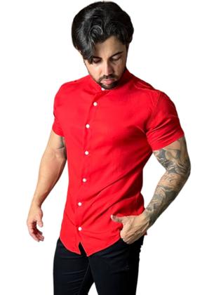 Imagem de Camisa Social Gola Padre Masculina Slim Fit Manga Curta