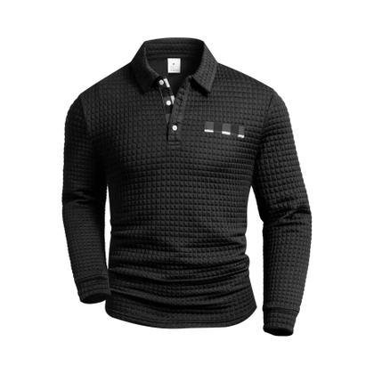 Imagem de Camisas Polo Masculinas De Manga Longa Em Cores Sólidas Com Estampa Xadrez E Gola Henley Com Botões