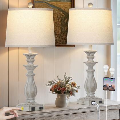 Imagem de Candeeiros de mesa Rinweey 28" Farmhouse, conjunto USB regulável de 3 vias