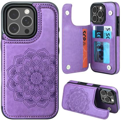 Imagem de Capa de telefone MMHUO para iPhone 16 Pro Wallet com porta-cartões roxa